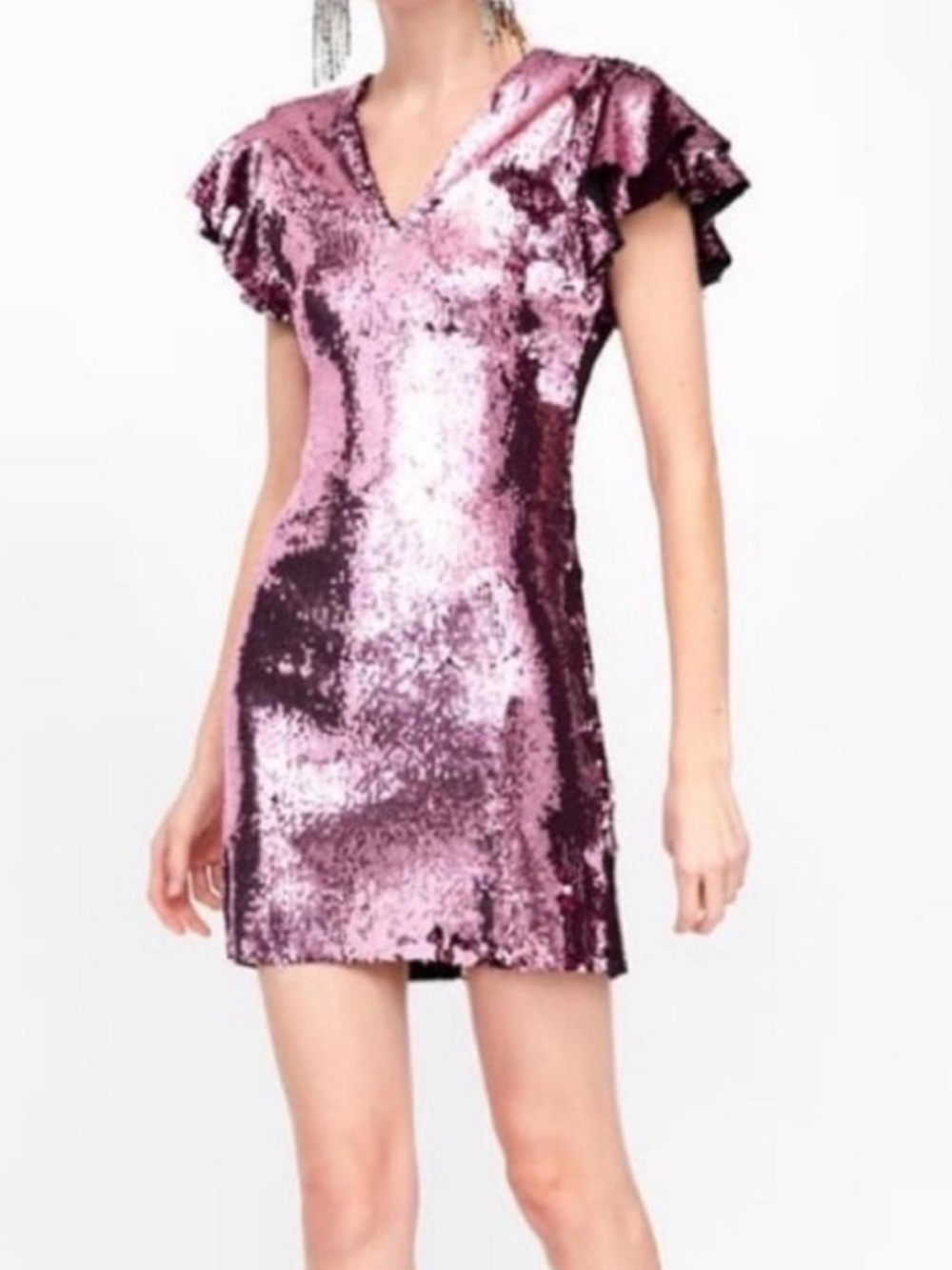 ZARA Sparkling Pink Sequin Sweetheart V-Neck Mini Dress